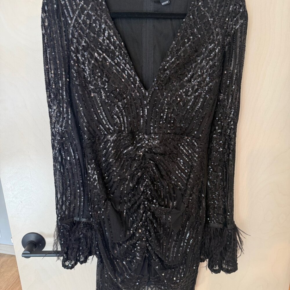 Windsor Black Sequin Mini Dress with Long Sleeves + Feather Cuffs - Picture 2 of 3